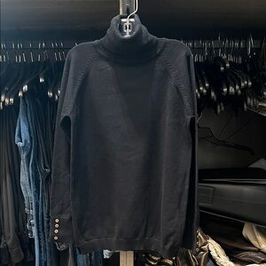 Girls Zara Elegant Black Turtleneck Sweater, Cotton Sleeves wButton Detail